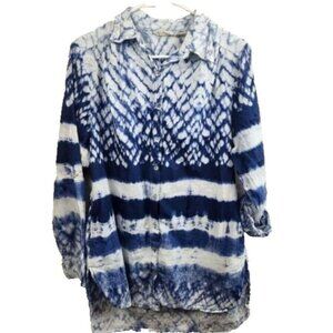 Beaches & BOHO Womens Tunic Top Medium Blue White Tie Dye Coastal Resort Hippie